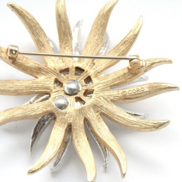 Vintage Coro Gold, Silver and Rhinestone Flower Pin - Picture 3 of 3